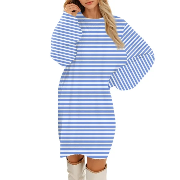 Women's Round Neck Casual Long Sleeve Plush Gradient Stripe Dresses - Image 43