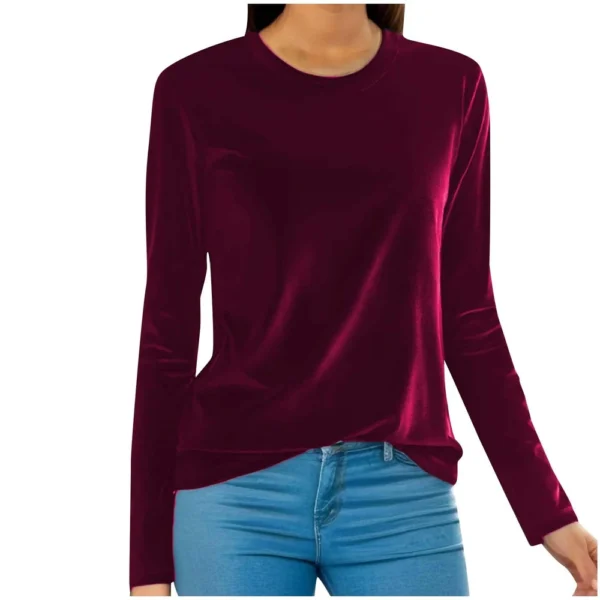 Women's Fashion Golden Velvet Solid Colour Round Neck Long Sleeve T-Shirt Top - Image 28