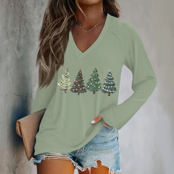 Women's Comfortable V-Neck Printed Long Sleeved Top Christmas Casual T-Shirt - Image 25