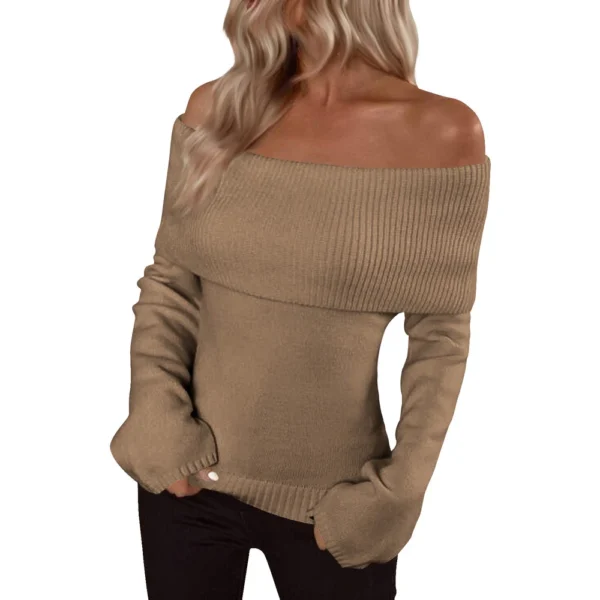 Pullover Jumper Tops Womens Off Shoulder Fold Over Sweater Knit Fall Sweaters - Image 26
