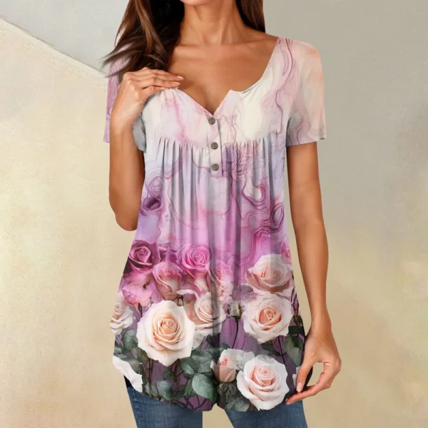 Women Tunic Tops Dressy Casual Summer Short Sleeve Shirts Loose Fit Pleated - Image 37