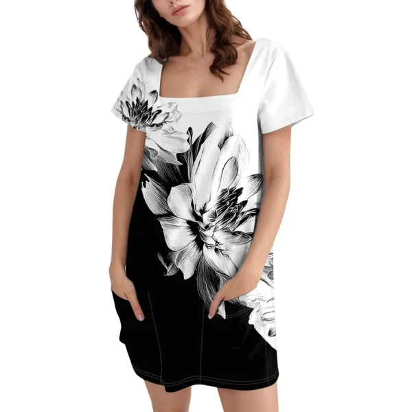 Women's Square Collar Short Sleeve Fashion Skirt Floral Print Pocket Casual - Image 5
