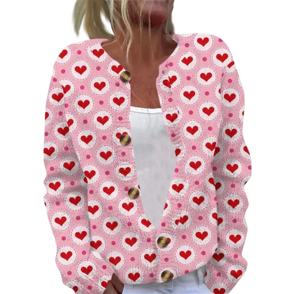 Women's Fashion Printed Valentine's Day Long Sleeved Knitted Cardigan Button - Image 5