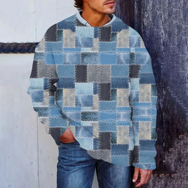 Men'S Printed Synthetic Sweater Round Neck Sportswear Loose Long Sleeved Top - Image 22