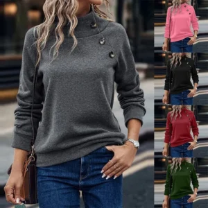 Women's Fashion Casual Solid Color High-neck Button Loose Long-sleeved Hoodie