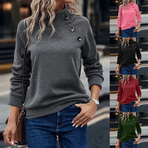Women's Fashion Casual Solid Color High-neck Button Loose Long-sleeved Hoodie