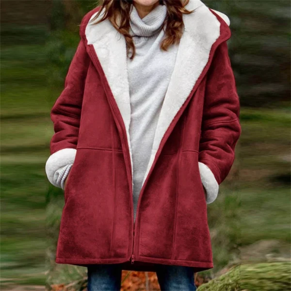 Women's  Fashionable Solid Color Warm Coat Long Sleeved Zipper Loose Hooded - Image 31