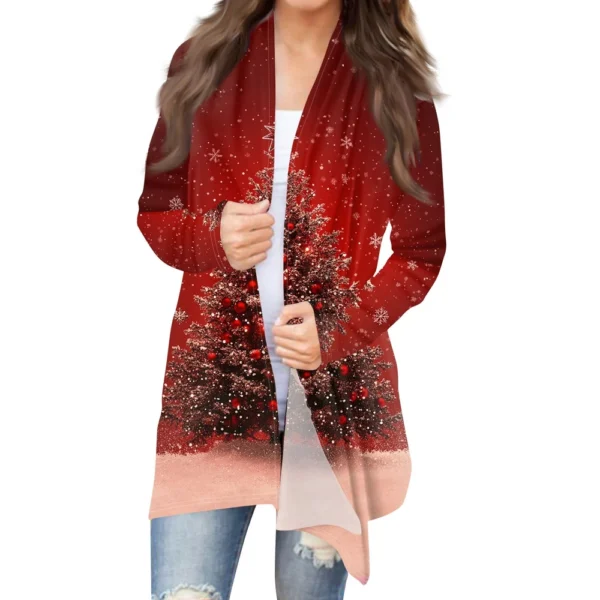 Women's Cardigan Christmas Printed Jacket Casual Medium Length Fashion Coat - Image 35