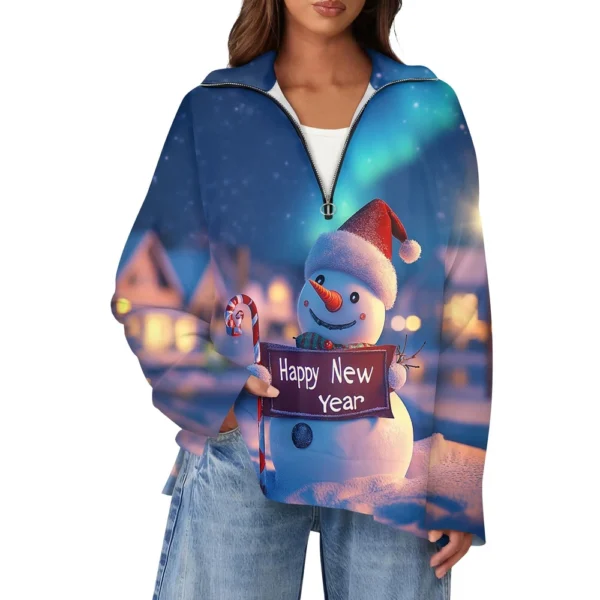 Women's Casual Half Zipper Lapel Christmas Printed Pullover Top Side Slit - Image 32