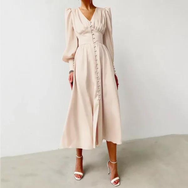 Women's long skirt V-neck buttons - Image 19
