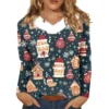 Women's Loose Casual Long Sleeved Christmas Printed Plush Collar V Neck Top, - Image 2