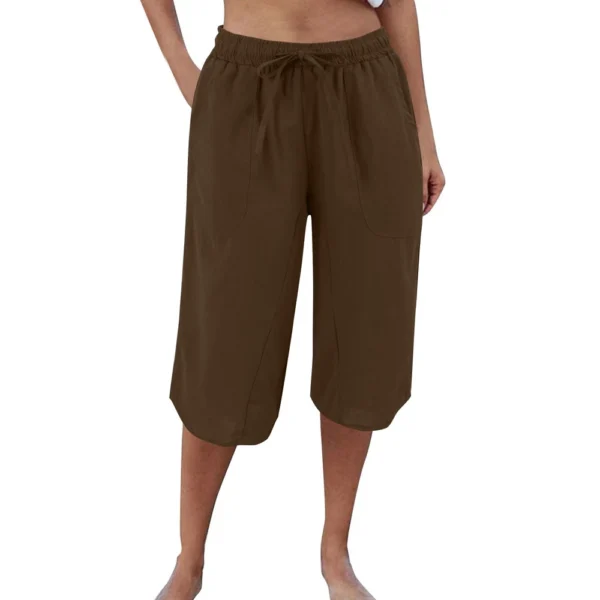 Womens Casual Cotton Hemp High Waist Drop Wide Legs With Drawstring Fifth Pants - Image 16