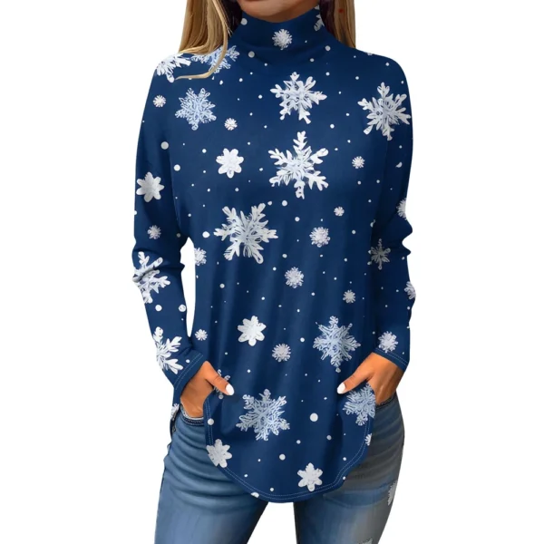 Women's Printed Pullover High Neck Fashion Long Sleeve Casual Christmas T-Shirt - Image 7