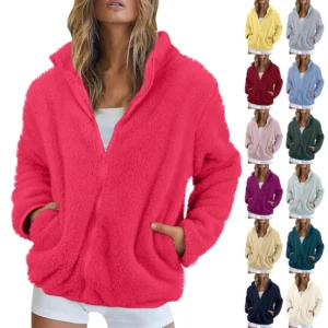 Women's Solid Color Loose High Neck Long Fleece Plush Warm Zipper Jacket