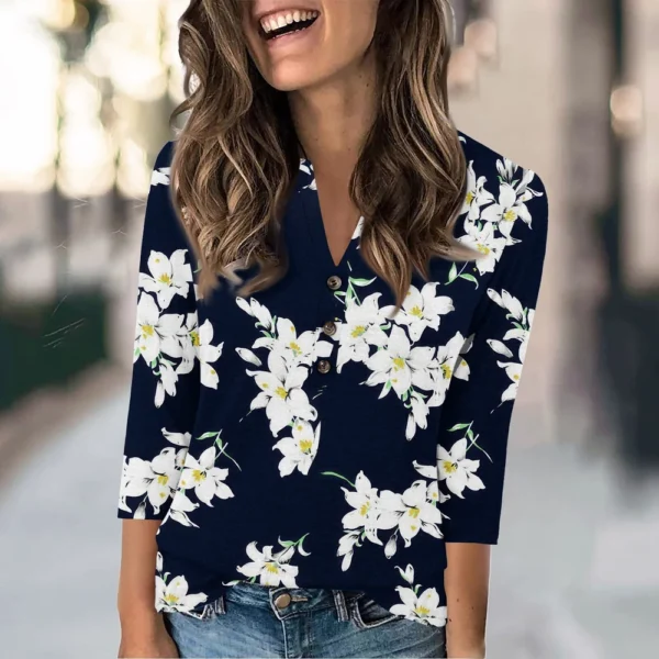 Women's Fashion Casual Loose 3/4 Sleeve Printed Round Neck Top - Image 13