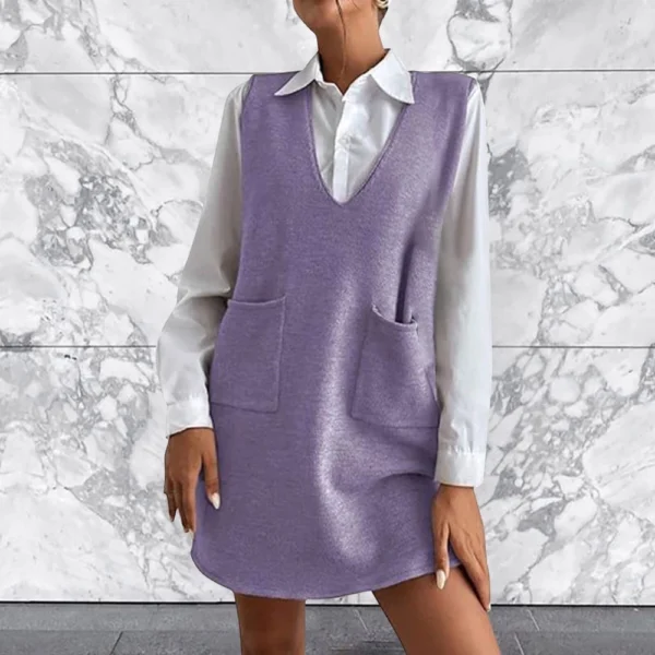 Women's Solid Color Wool Medium Length Double-sided Vest Skirt Sleeveless Dress - Image 40