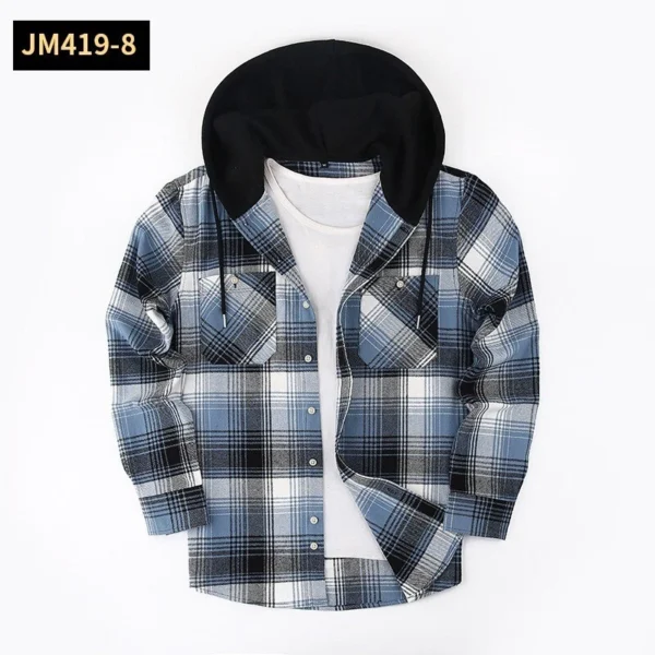 Thick long-sleeved hooded plaid shirt for men loose - Image 23