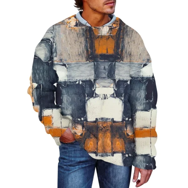 Men'S Printed Synthetic Sweater Round Neck Sportswear Loose Long Sleeved Top - Image 14