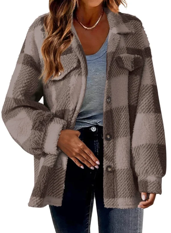 Pocket Plaid Jacket Button Plush Jacket - Image 17