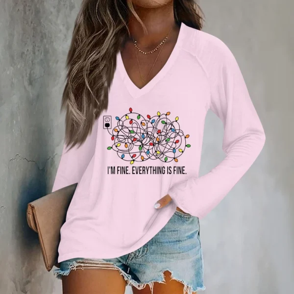 Women's Comfortable V-Neck Printed Long Sleeved Top Christmas Casual T-Shirt - Image 28
