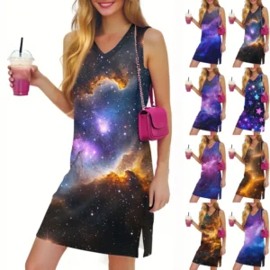 Women's Casual Fashion Sexy V-neck Sleeveless Floral Hem Slit Dress