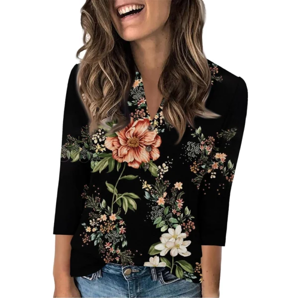 Women's Fashion Casual Loose 3/4 Sleeve Printed Round Neck Top - Image 2