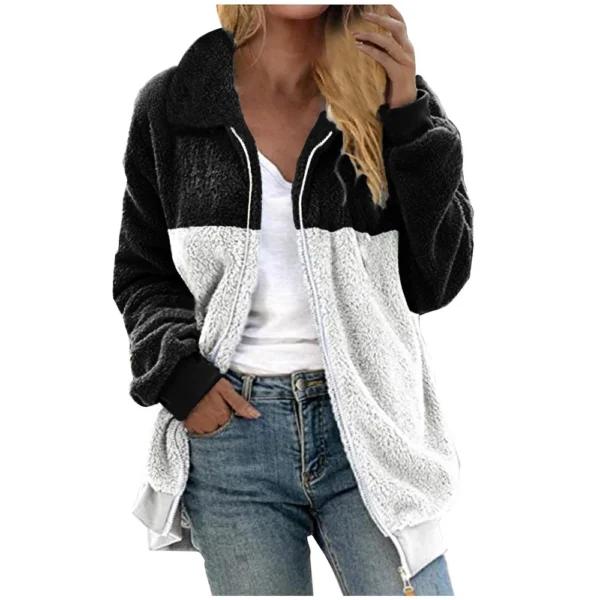 Women's Casual Color Blocking Loose Plush Zippered Flip Collar Jacket With - Image 5