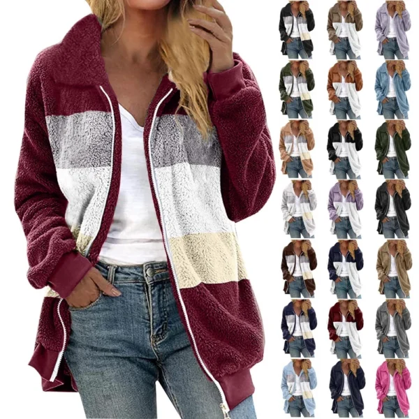 Women's Casual Color Blocking Loose Plush Zippered Flip Collar Jacket With