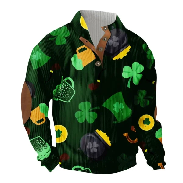 Knit Printed 3 Button - Corduroy Men's Standing Collar Pocket Sweatshirt - Image 14