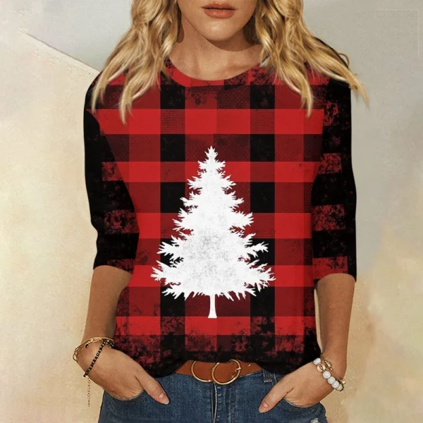 Ladies Loose Casual Round Neck T-Shirt Printed 3/4 Sleeve Christmas Women's Top - Image 46
