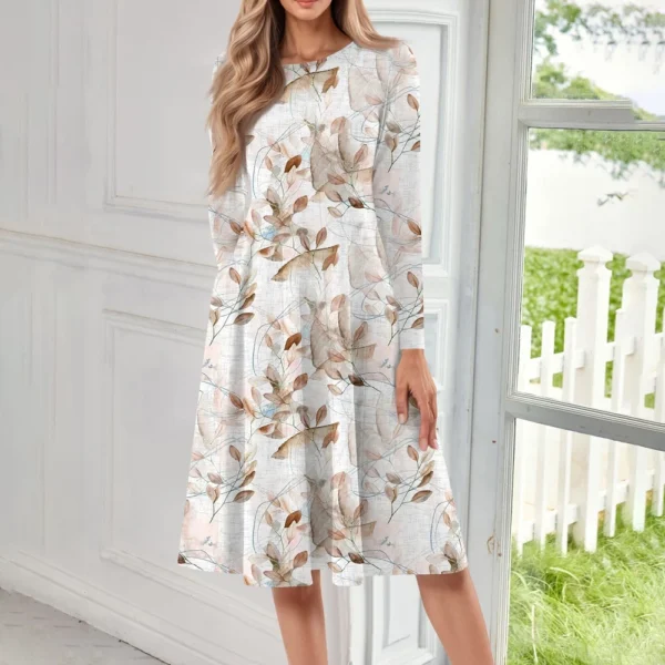 Women's Casual Fashion Round Neck Long Sleeve Print Midi Dress - Image 13