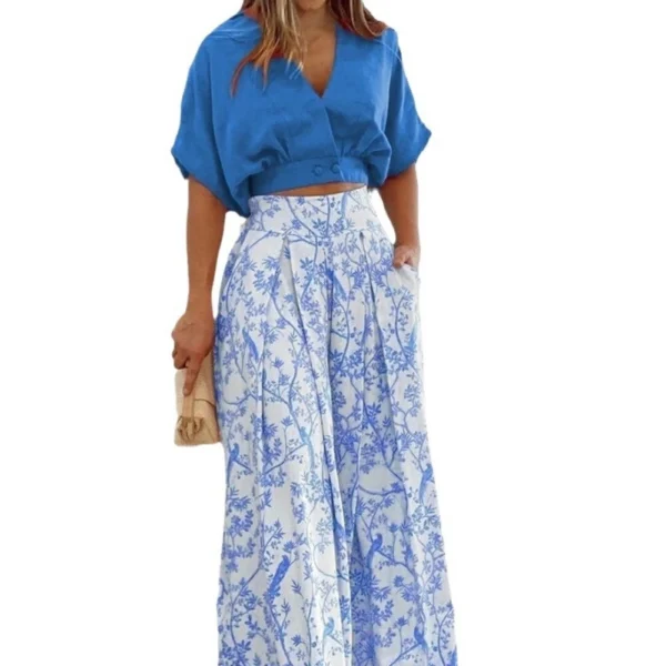 Short Top V-Neck Fashion Printed Wide Leg Pants - Image 5