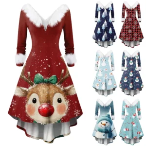 Women's Fashion V-neck Casual Fit Christmas Print Party Long Sleeve Dress