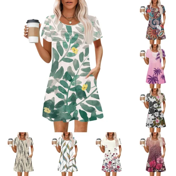 Women's Summer Casual Petal Slim Stripe Pleated Solid Color Dresses