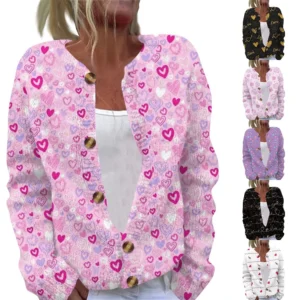 Women's Fashion Printed Valentine's Day Long Sleeved Knitted Cardigan Button
