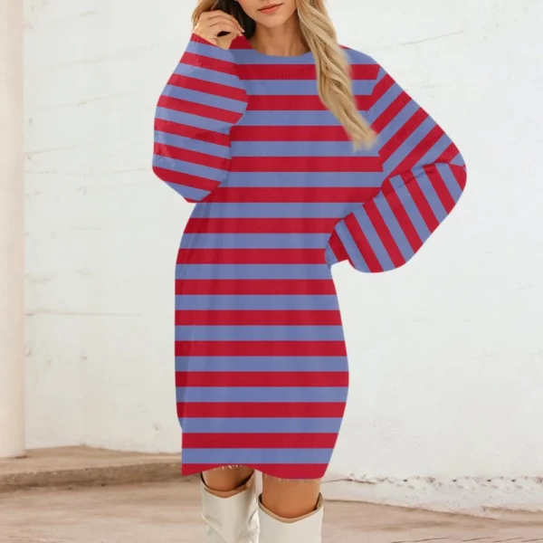 Women's Round Neck Casual Long Sleeve Plush Gradient Stripe Dresses - Image 39
