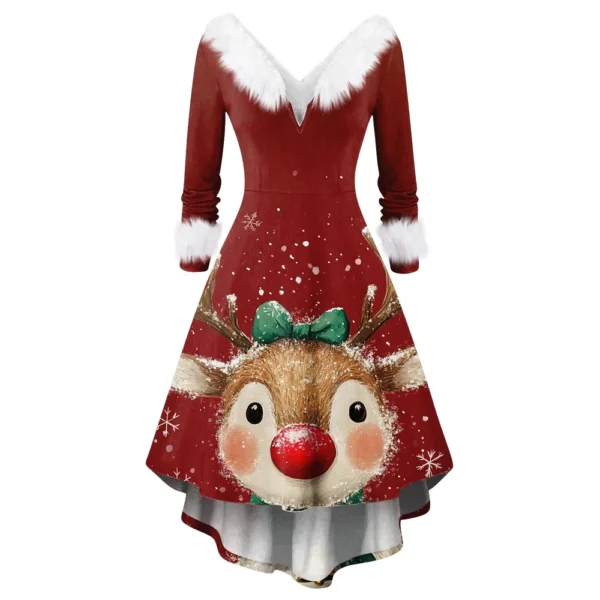 Women's Fashion V-neck Casual Fit Christmas Print Party Long Sleeve Dress - Image 3