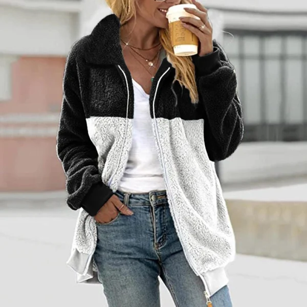 Women's Casual Color Blocking Loose Plush Zippered Flip Collar Jacket With - Image 13