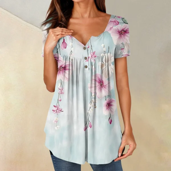 Women Tunic Tops Dressy Casual Summer Short Sleeve Shirts Loose Fit Pleated - Image 34