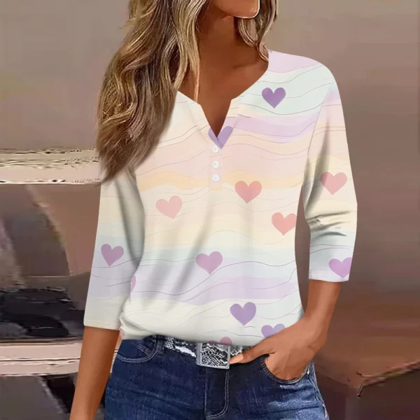 Women's T Shirt Tee Valentine's Day Print Button 3/4 Sleeve Daily Weekend - Image 19