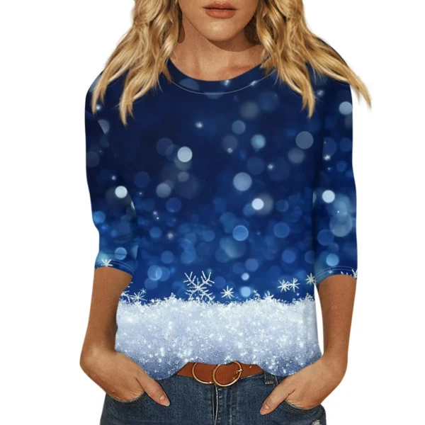Ladies Loose Printed Casual T-Shirt Round Neck 3/4 Sleeve Christmas Women's Top - Image 7