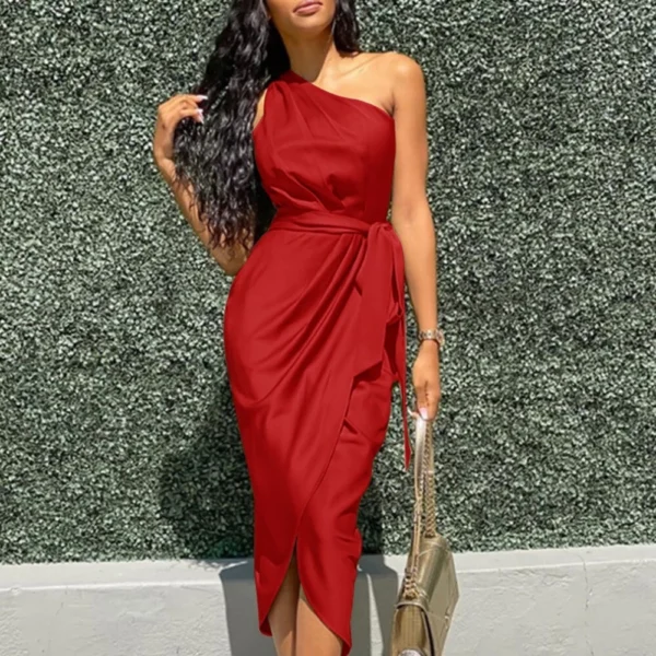 Women's long dress slanted shoulder slim satin dress - Image 3