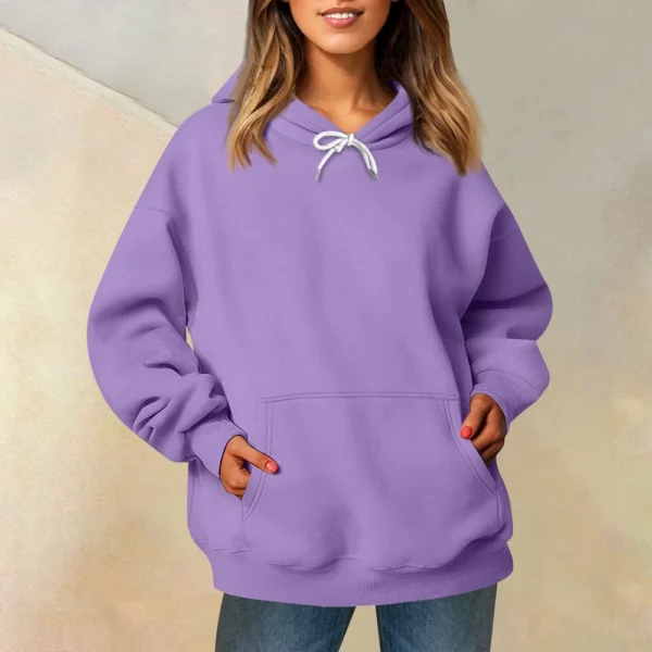 Ladies' Fashionable Casual Long Sleeved Round Neck Hooded Solid Color Hoodie - Image 46
