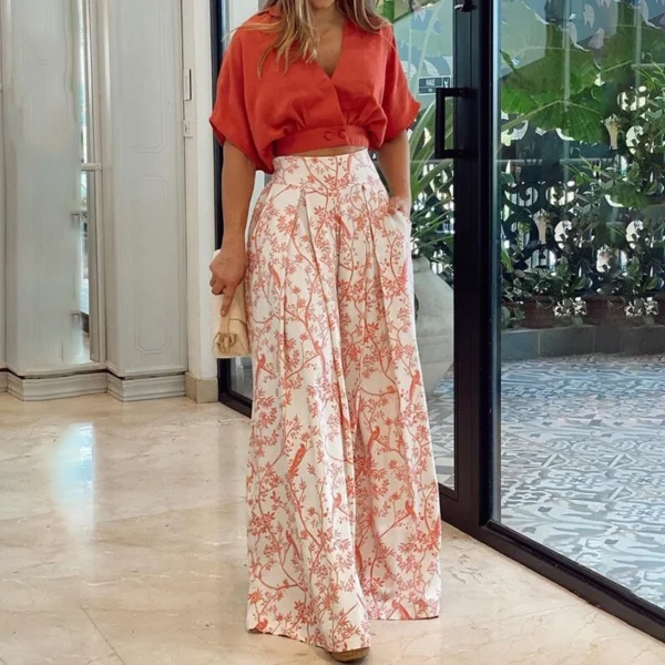 Short Top V-Neck Fashion Printed Wide Leg Pants - Image 11