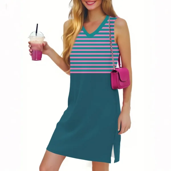 Women's Casual Fashion Sexy V-neck Sleeveless Striped Hem Slit Dress - Image 35