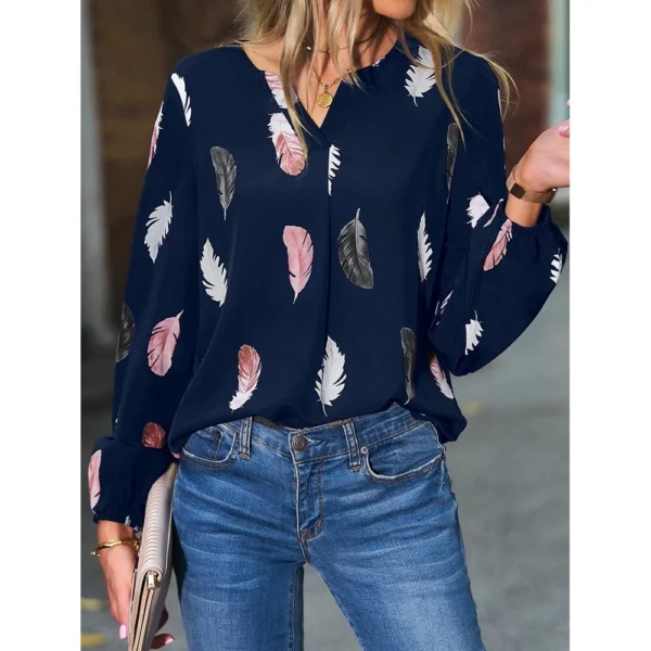 V-neck printed long-sleeved loose T-shirt women's top - Image 12