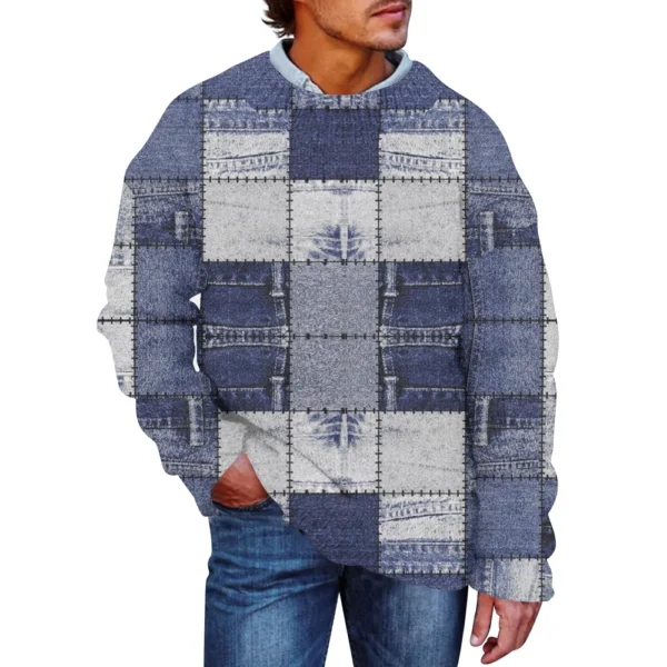 Men'S Printed Synthetic Sweater Round Neck Sportswear Loose Long Sleeved Top - Image 20
