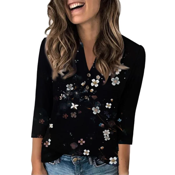Women's Fashion Casual Loose 3/4 Sleeve Printed Round Neck Top - Image 37