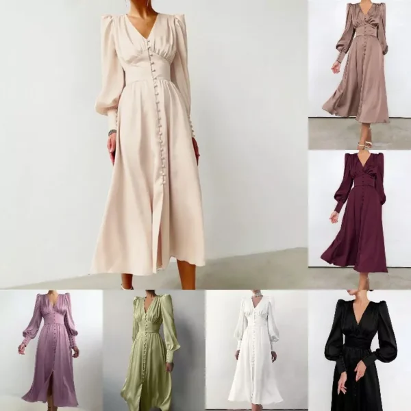Women's long skirt V-neck buttons