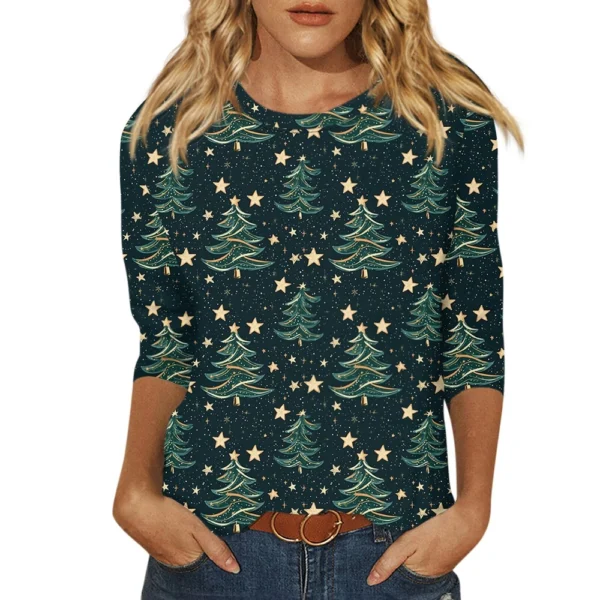 Ladies Loose Casual Round Neck T-Shirt Printed 3/4 Sleeve Christmas Women's Top - Image 12